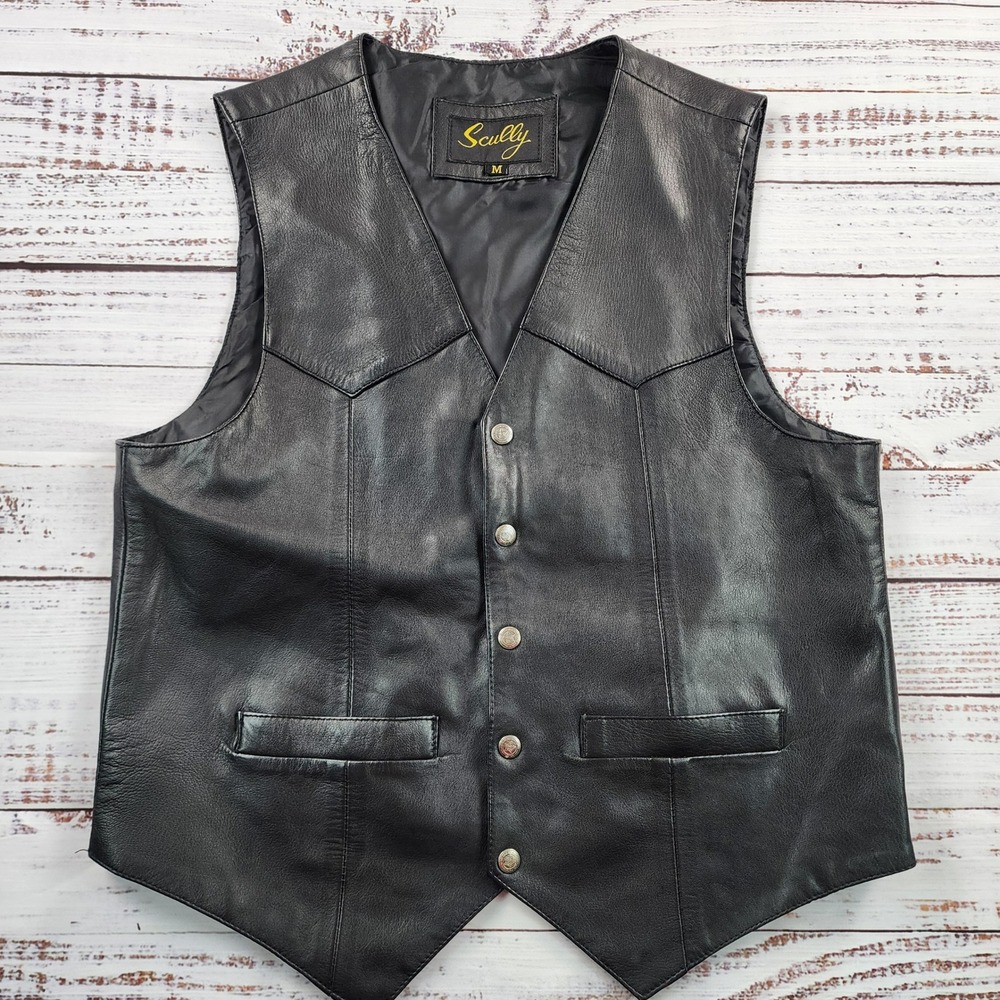 Scully Men's M Black Leather Western Vest Oklahoma Seal Snap Front